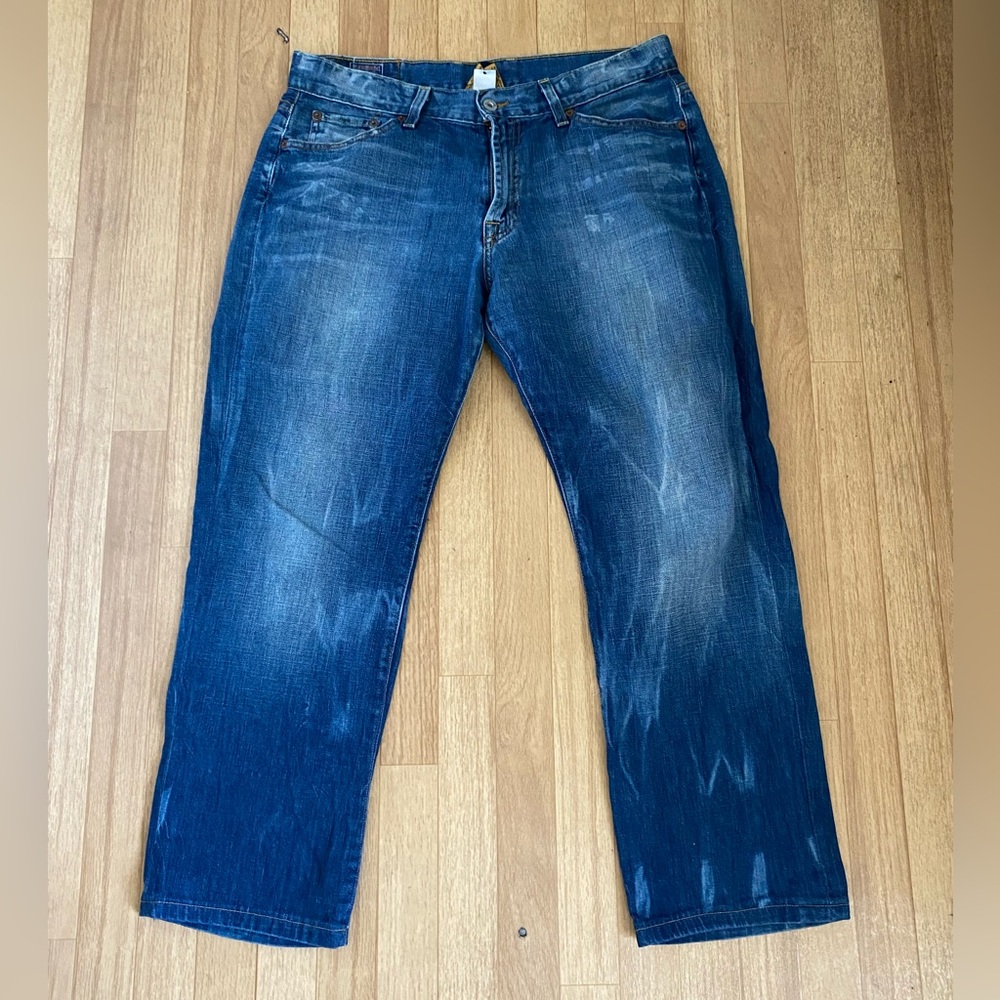 LUCKY BRAND By Gene Montesano Distressed Relaxed Bootleg Blue Jeans Size 33